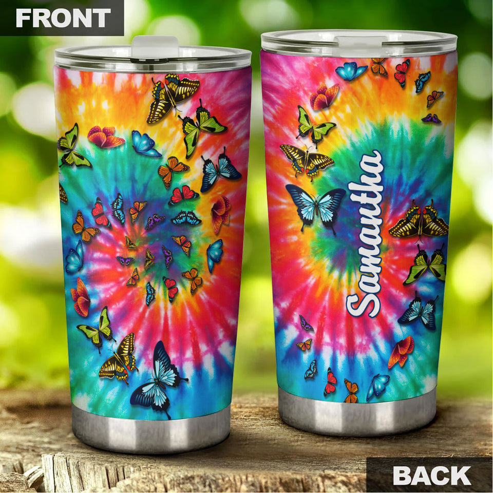 Camellia Personalized Butterfly Tie Dye Hippie Stainless Steel Tumbler - Double-Walled Insulation Vacumm Flask - For Thanksgiving, Memorial Day, Christians, Christmas Gift