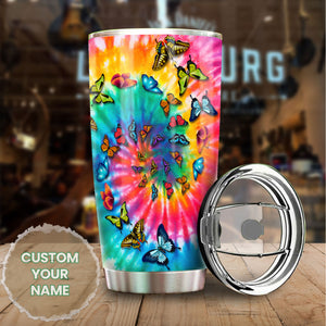 Camellia Personalized Butterfly Tie Dye Hippie Stainless Steel Tumbler - Double-Walled Insulation Vacumm Flask - For Thanksgiving, Memorial Day, Christians, Christmas Gift