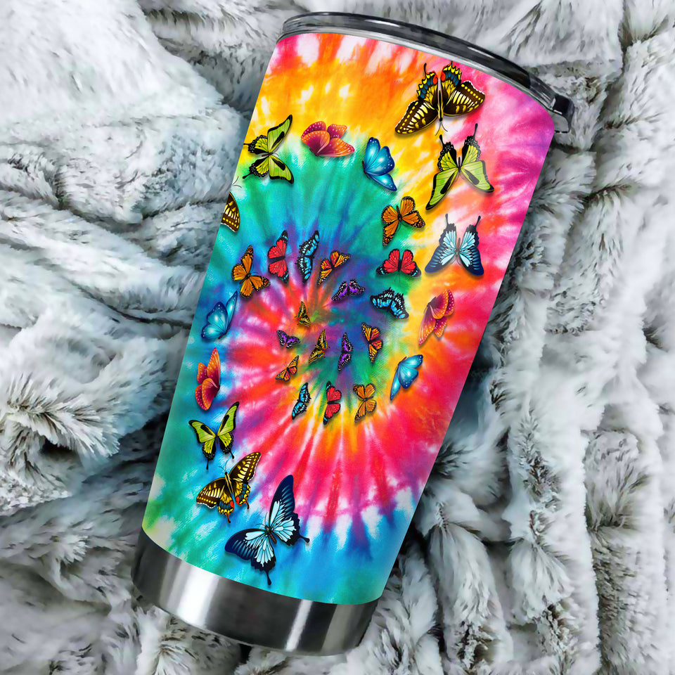 Camellia Personalized Butterfly Tie Dye Hippie Stainless Steel Tumbler - Double-Walled Insulation Vacumm Flask - For Thanksgiving, Memorial Day, Christians, Christmas Gift