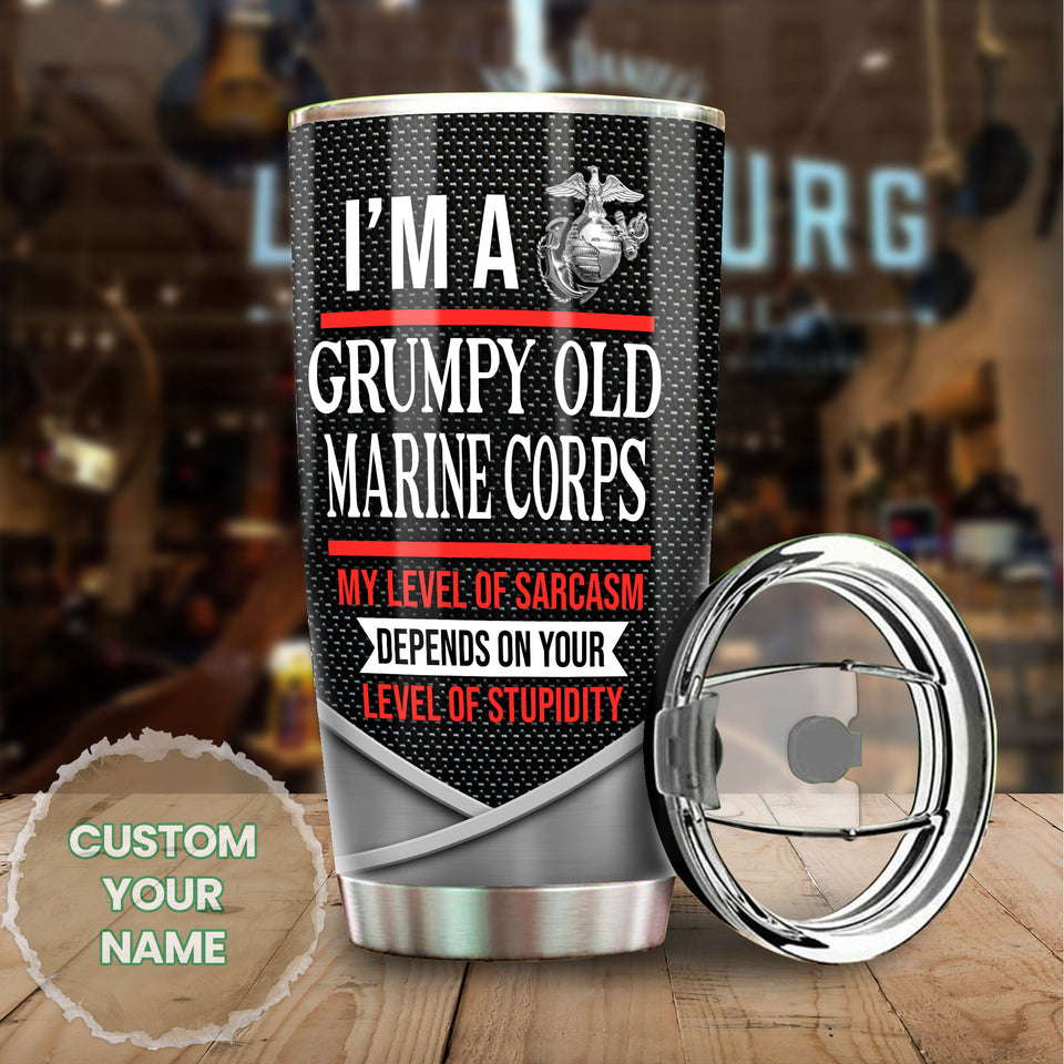 Camellia Personalized 3D Im A Grumpy Old Marine Corps Stainless Steel Tumbler - Customized Double-Walled Insulation Travel Thermal Cup With Lid