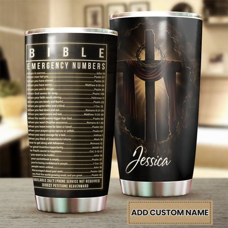 Camellia Personalized  Bible Emergency Numbers Stainless Steel Tumbler - Customized Double-Walled Insulation Travel Thermal Cup With Lid Gift For Christian