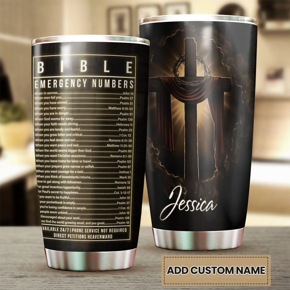 Camellia Personalized  Bible Emergency Numbers Stainless Steel Tumbler - Customized Double-Walled Insulation Travel Thermal Cup With Lid Gift For Christian
