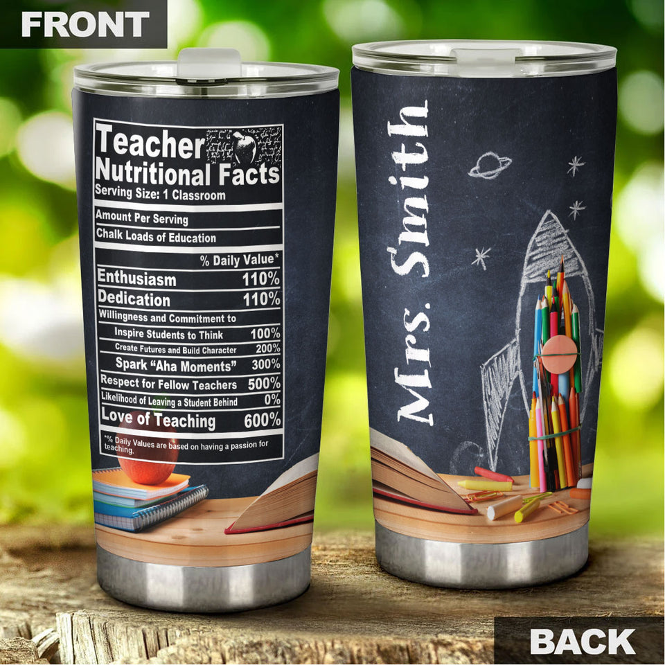 Camellia Persionalized 3D Colorful Pencil Teacher Nutritional Facts Stainless Steel Tumbler - Customized Double - Walled Insulation Travel Thermal Cup With Lid Gift For Teacher