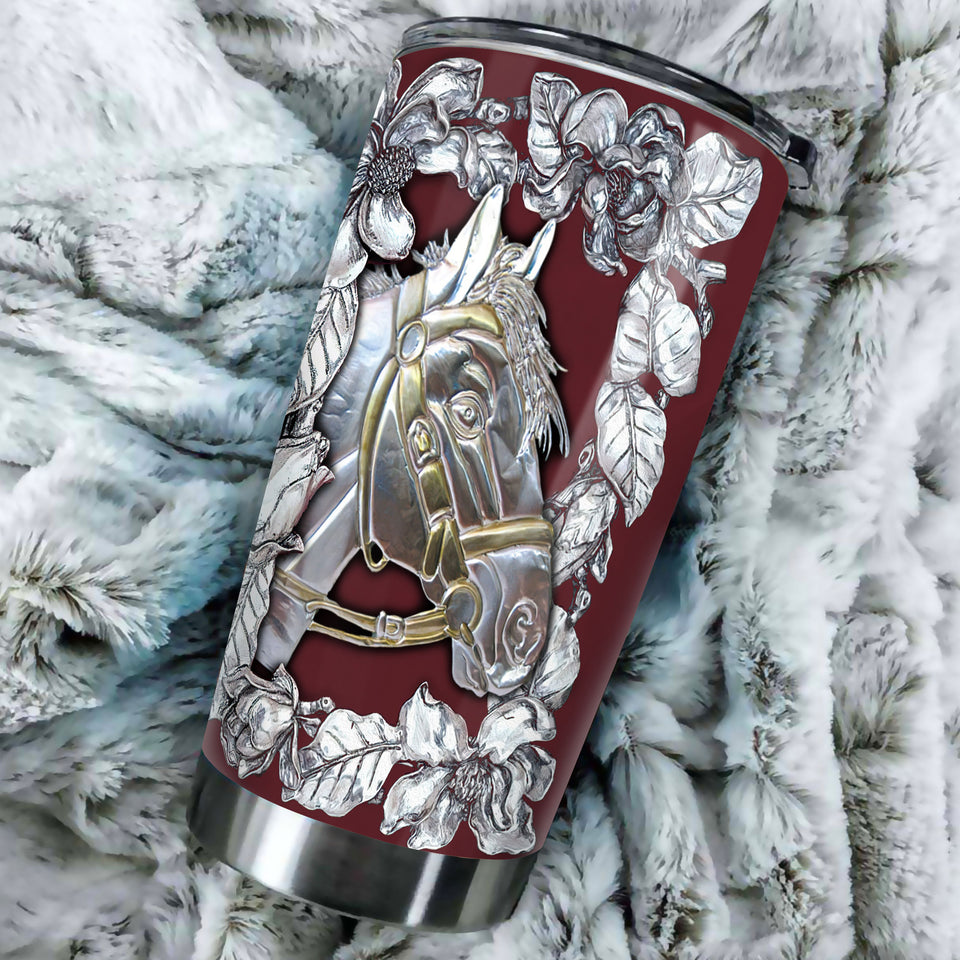 Camellia Personalized Horse Silver Style Stainless Steel Tumbler - Double-Walled Insulation Vacumm Flask - Gift For Horse Lovers, Cowgirls, Cowboys, Perfect Christmas, Thanksgiving Gift