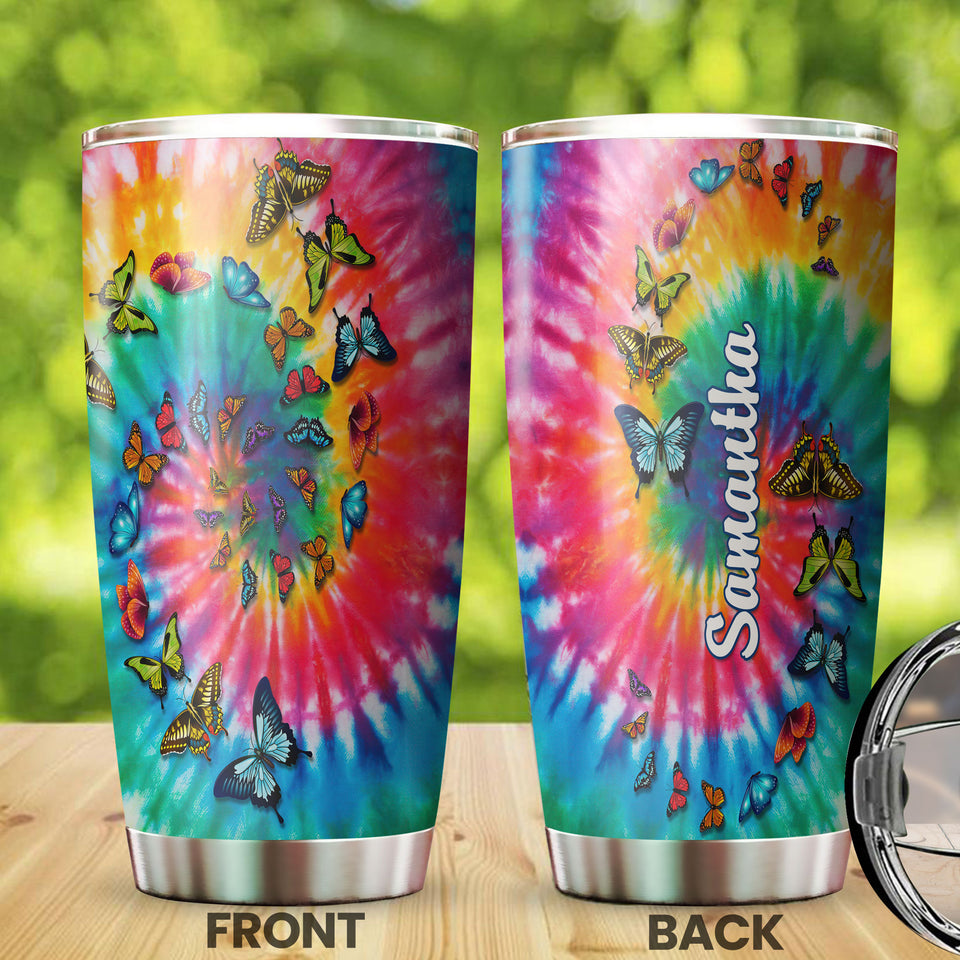 Camellia Personalized Butterfly Tie Dye Hippie Stainless Steel Tumbler - Double-Walled Insulation Vacumm Flask - For Thanksgiving, Memorial Day, Christians, Christmas Gift
