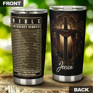 Camellia Personalized  Bible Emergency Numbers Stainless Steel Tumbler - Customized Double-Walled Insulation Travel Thermal Cup With Lid Gift For Christian