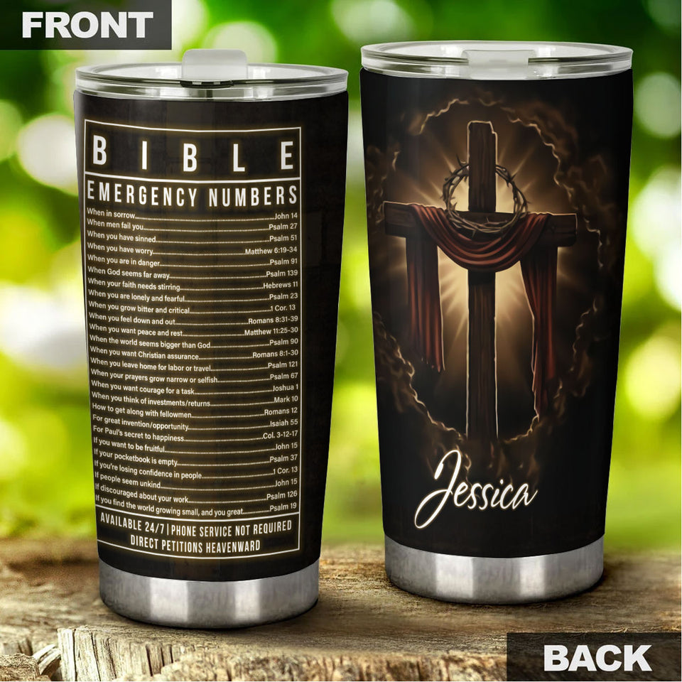 Camellia Personalized  Bible Emergency Numbers Stainless Steel Tumbler - Customized Double-Walled Insulation Travel Thermal Cup With Lid Gift For Christian