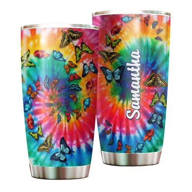 Camellia Personalized Butterfly Tie Dye Hippie Stainless Steel Tumbler - Double-Walled Insulation Vacumm Flask - For Thanksgiving, Memorial Day, Christians, Christmas Gift