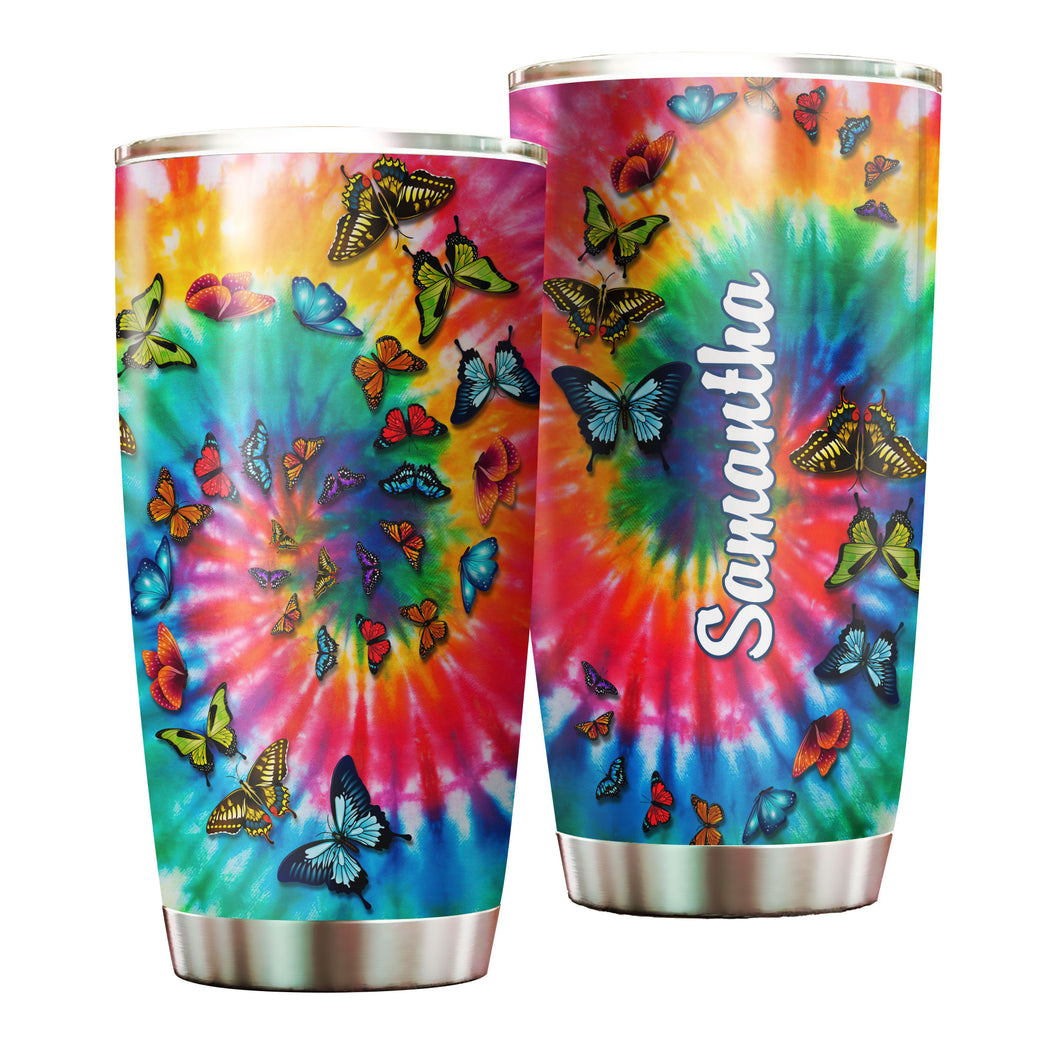 Camellia Personalized Butterfly Tie Dye Hippie Stainless Steel Tumbler - Double-Walled Insulation Vacumm Flask - For Thanksgiving, Memorial Day, Christians, Christmas Gift