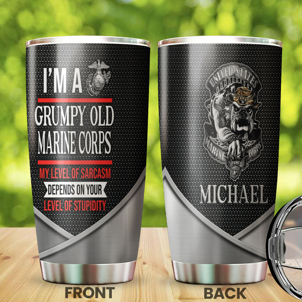 Camellia Personalized 3D Im A Grumpy Old Marine Corps Stainless Steel Tumbler - Customized Double-Walled Insulation Travel Thermal Cup With Lid