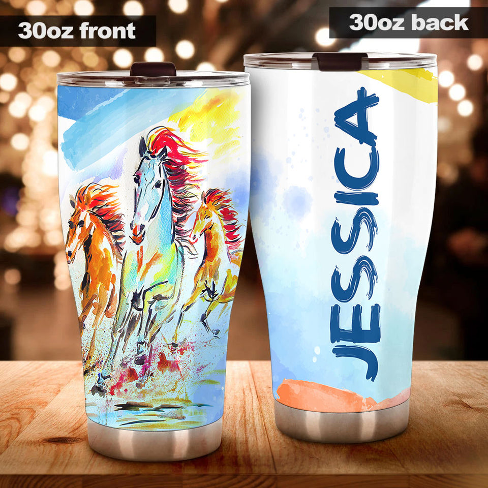 Camellia Personalized Horse Painting Art Stainless Steel Tumbler - Double-Walled Insulation Vacumm Flask - Gift For Horse Lovers, Cowgirls, Cowboys, Perfect Christmas, Thanksgiving Gift