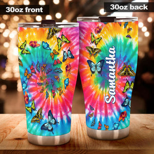 Camellia Personalized Butterfly Tie Dye Hippie Stainless Steel Tumbler - Double-Walled Insulation Vacumm Flask - For Thanksgiving, Memorial Day, Christians, Christmas Gift