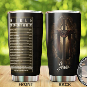 Camellia Personalized  Bible Emergency Numbers Stainless Steel Tumbler - Customized Double-Walled Insulation Travel Thermal Cup With Lid Gift For Christian