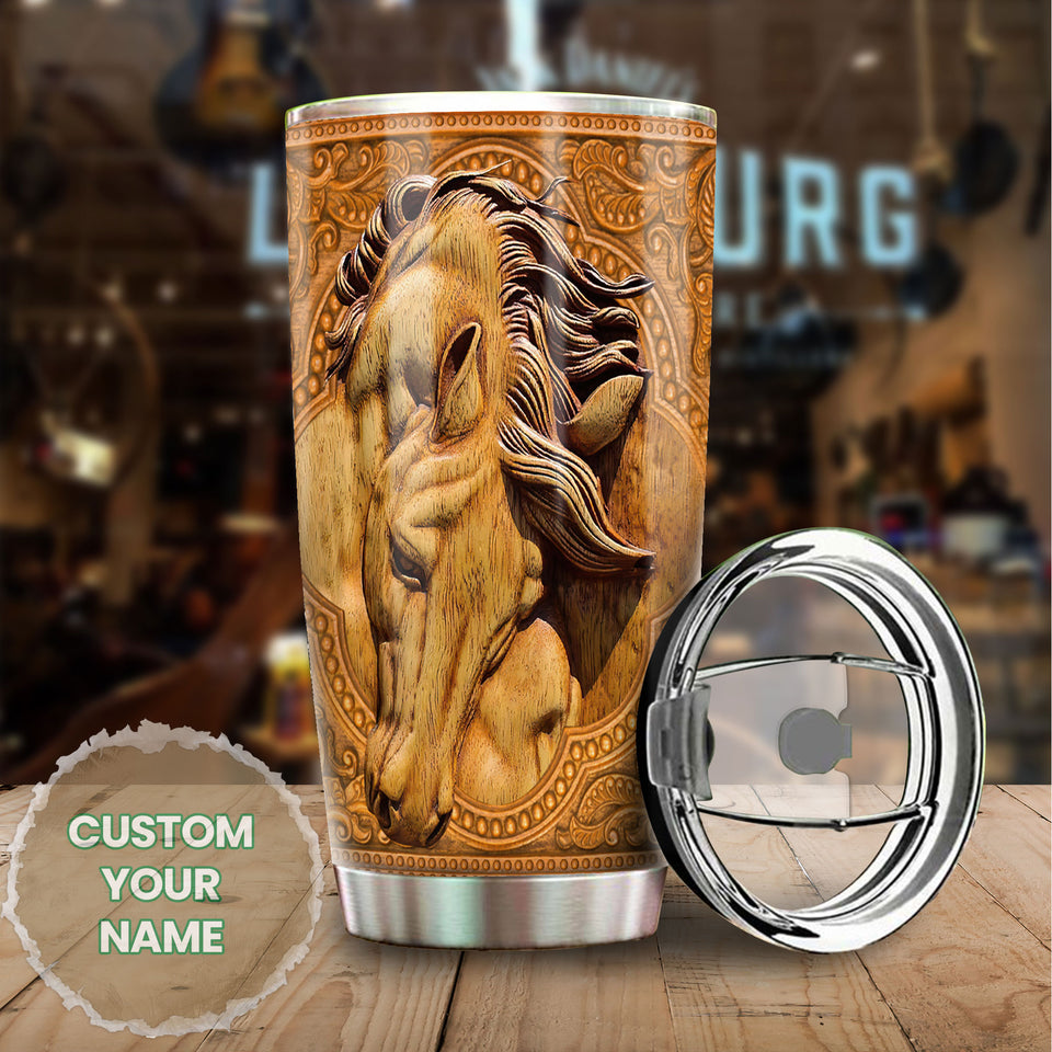 Camellia Personalized Wood Horse Stainless Steel Tumbler - Double-Walled Insulation Vacumm Flask - Gift For Horse Lovers, Cowgirls, Cowboys, Perfect Christmas, Thanksgiving Gift