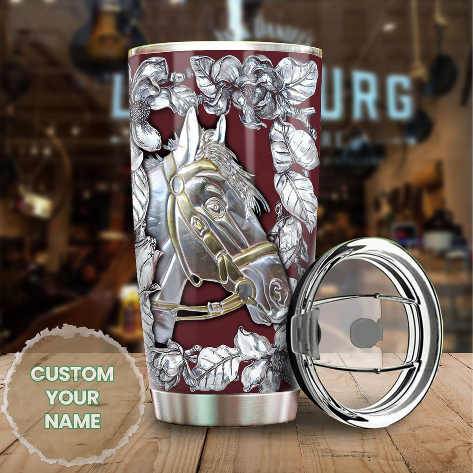 Camellia Personalized Horse Silver Style Stainless Steel Tumbler - Double-Walled Insulation Vacumm Flask - Gift For Horse Lovers, Cowgirls, Cowboys, Perfect Christmas, Thanksgiving Gift
