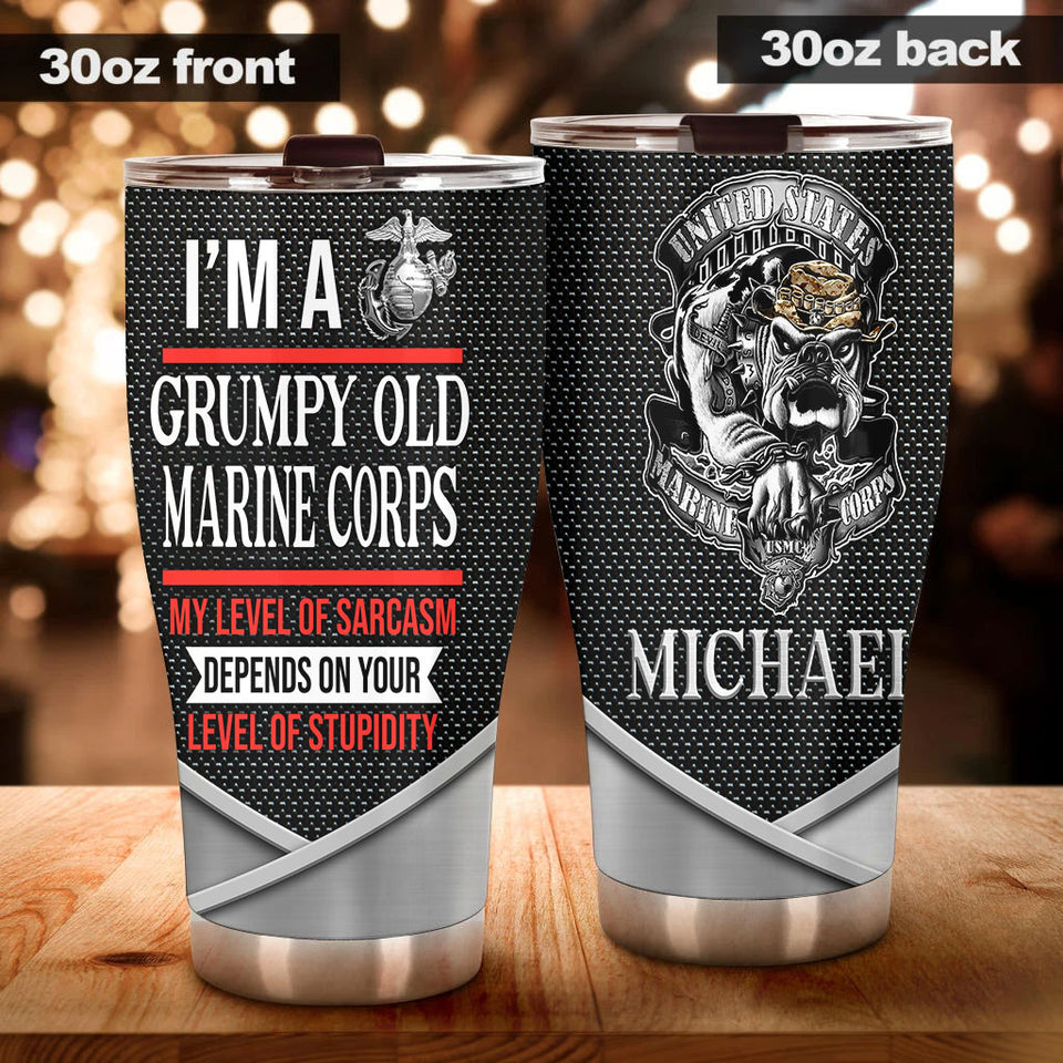 Camellia Personalized 3D Im A Grumpy Old Marine Corps Stainless Steel Tumbler - Customized Double-Walled Insulation Travel Thermal Cup With Lid
