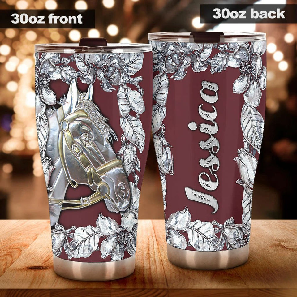 Camellia Personalized Horse Silver Style Stainless Steel Tumbler - Double-Walled Insulation Vacumm Flask - Gift For Horse Lovers, Cowgirls, Cowboys, Perfect Christmas, Thanksgiving Gift