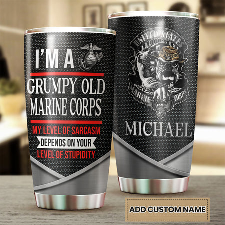 Camellia Personalized 3D Im A Grumpy Old Marine Corps Stainless Steel Tumbler - Customized Double-Walled Insulation Travel Thermal Cup With Lid
