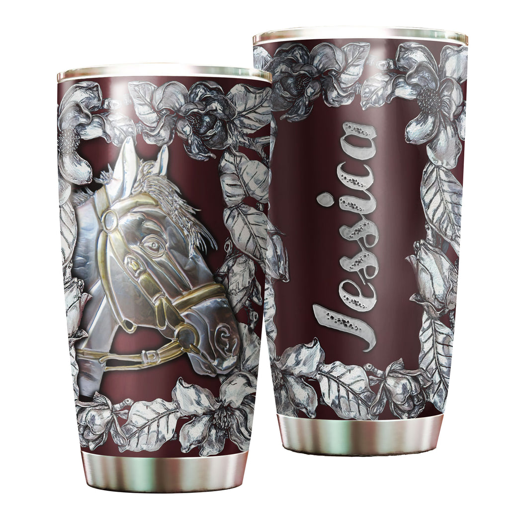 Camellia Personalized Horse Silver Style Stainless Steel Tumbler - Double-Walled Insulation Vacumm Flask - Gift For Horse Lovers, Cowgirls, Cowboys, Perfect Christmas, Thanksgiving Gift