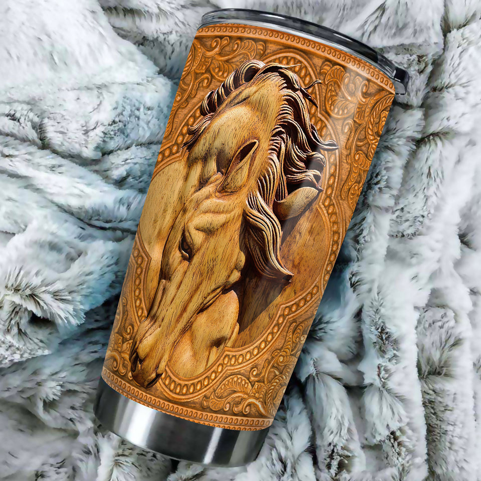 Camellia Personalized Wood Horse Stainless Steel Tumbler - Double-Walled Insulation Vacumm Flask - Gift For Horse Lovers, Cowgirls, Cowboys, Perfect Christmas, Thanksgiving Gift