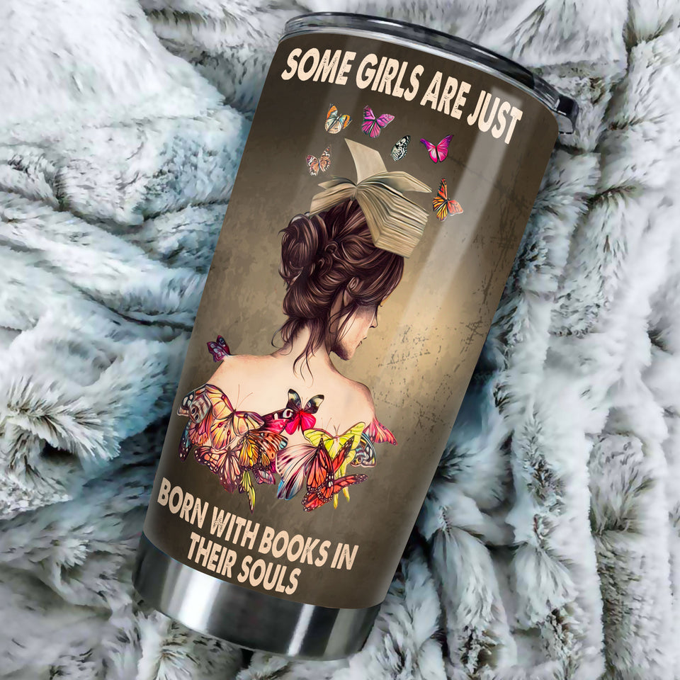 Camellia Personalized Butterfly Some Girls Are Born With Books In Their Soul Stainless Steel Tumbler - Double-Walled Insulation Vacumm Flask - For Thanksgiving, Memorial Day, Christians, Christ
