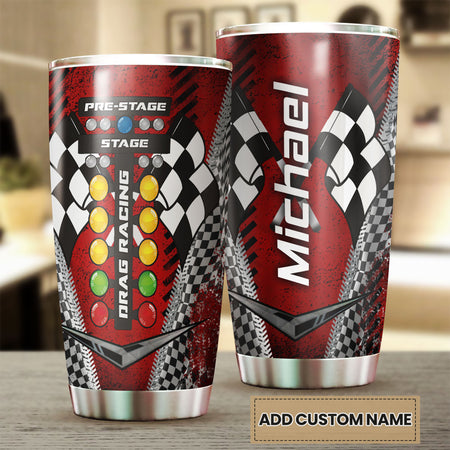 Camellia Personalized Drag Racing Stainless Steel Tumbler - Customized Double-Walled Insulation Travel Thermal Cup With Lid Gift For Racer