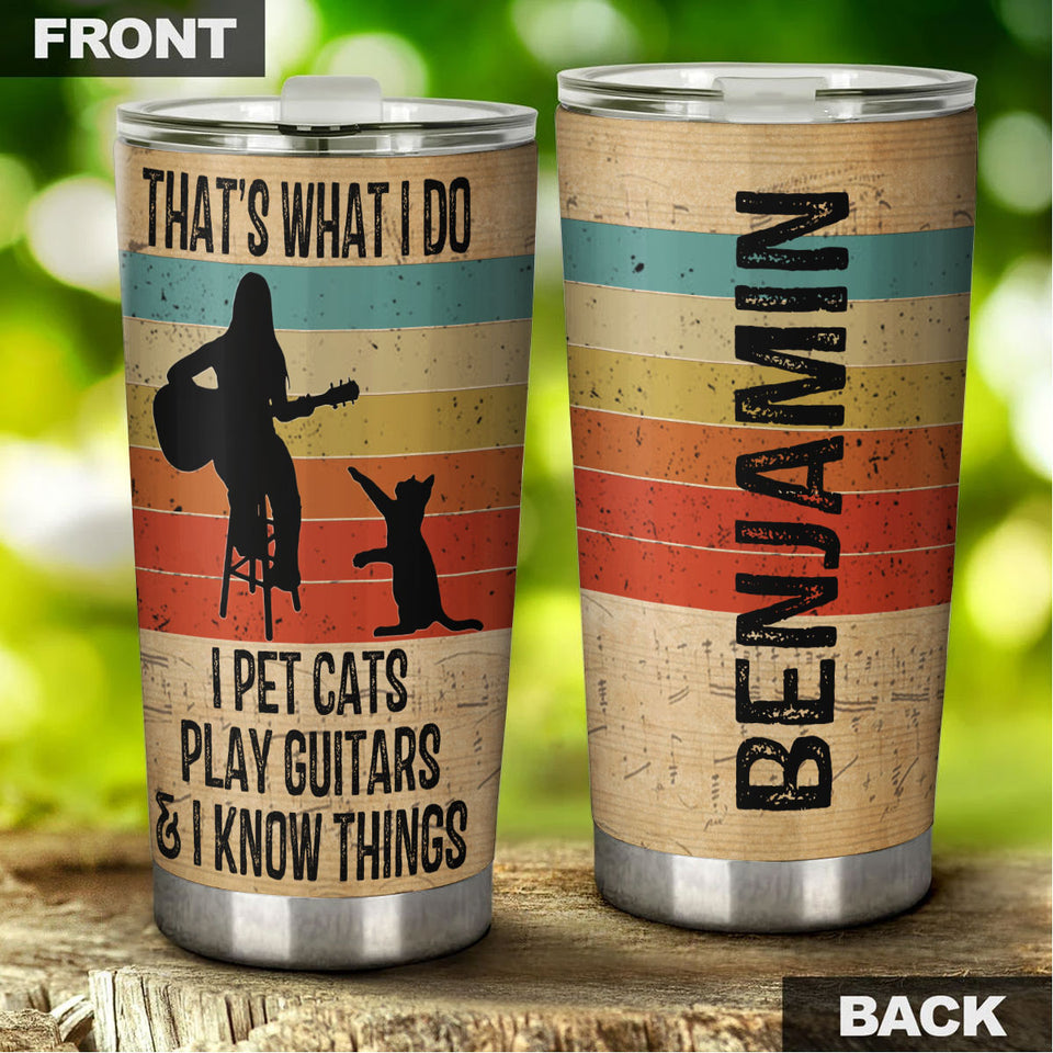 Camellia Personalized 3D Vintage Woman Pets Cats Play Guitar And Know Things Stainless Steel Tumbler - Customized Double-Walled Insulation Thermal Cup With Lid Gift For Guitarist