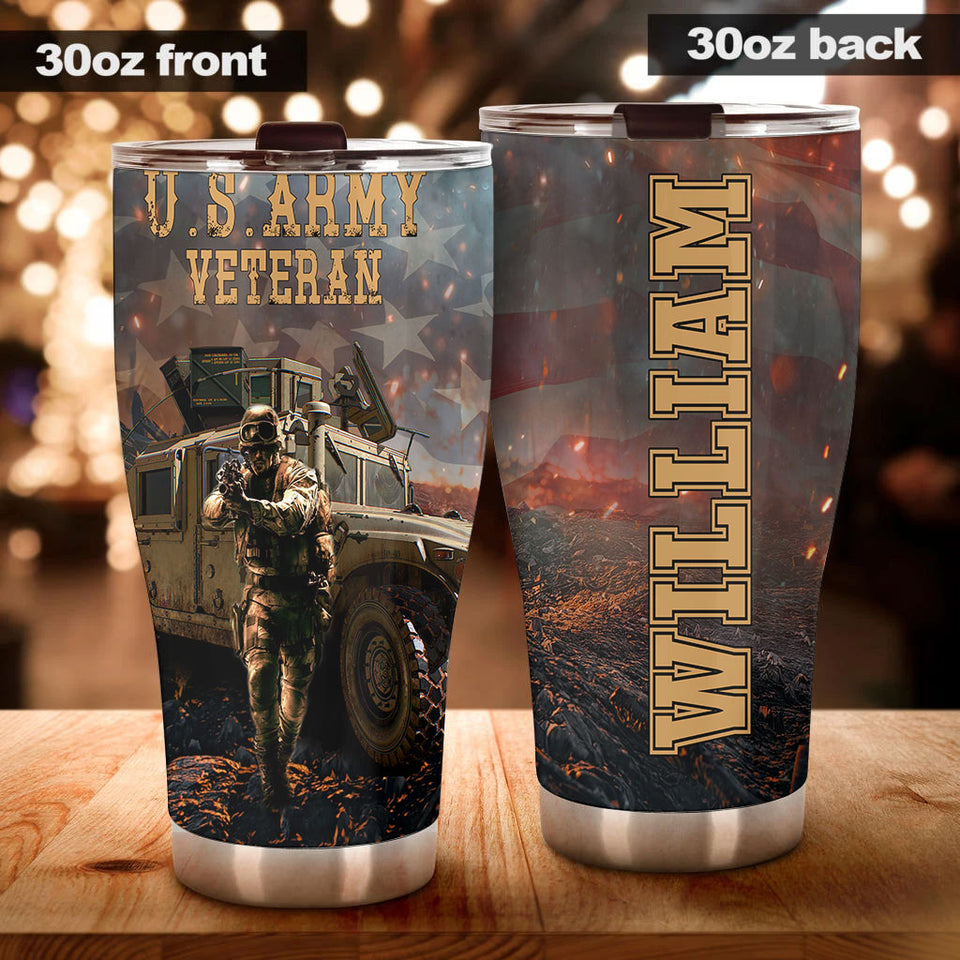 Camellia Personalized 3D American Army Veteran Stainless Steel Tumbler - Customized Double-Walled Insulation Thermal Cup With Lid