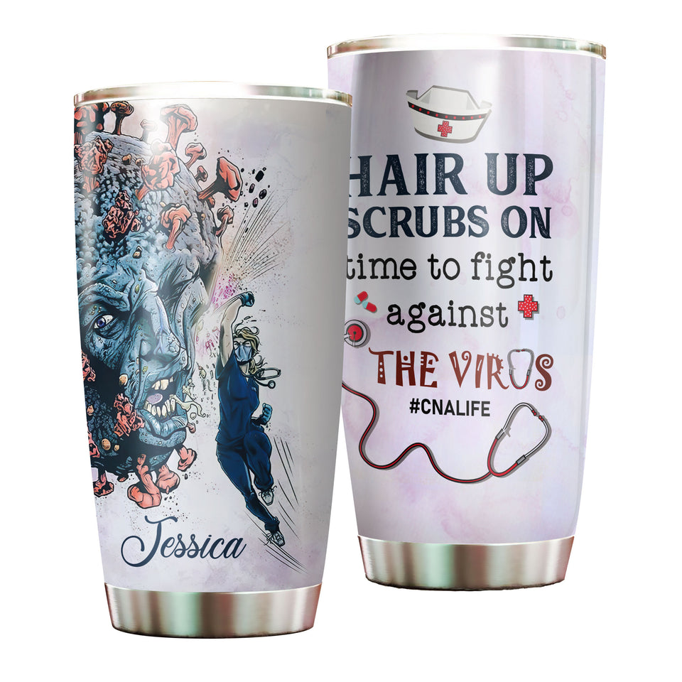Camellia Personalized Doctor Hair Up Scrups On Time To Fight Against The Virus Stainless Steel Tumbler - Customized Double-Walled Insulation Travel Thermal Cup With Lid