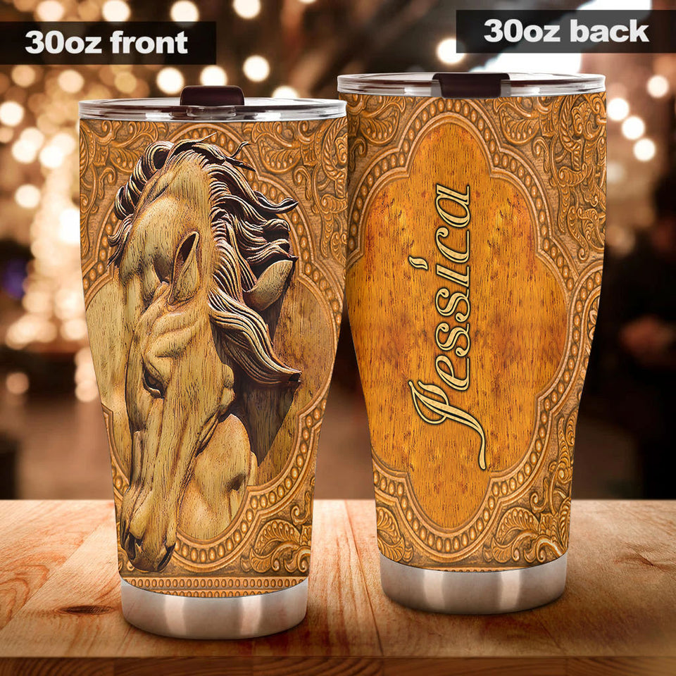 Camellia Personalized Wood Horse Stainless Steel Tumbler - Double-Walled Insulation Vacumm Flask - Gift For Horse Lovers, Cowgirls, Cowboys, Perfect Christmas, Thanksgiving Gift