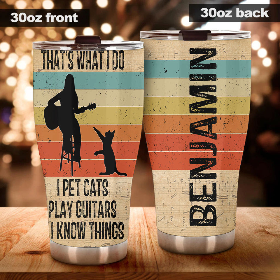 Camellia Personalized 3D Vintage Woman Pets Cats Play Guitar And Know Things Stainless Steel Tumbler - Customized Double-Walled Insulation Thermal Cup With Lid Gift For Guitarist