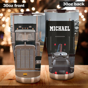 Camellia Personalized Black Truck Stainless Steel Tumbler - Double-Walled Insulation Vacumm Flask - Gift For Truck Drivers