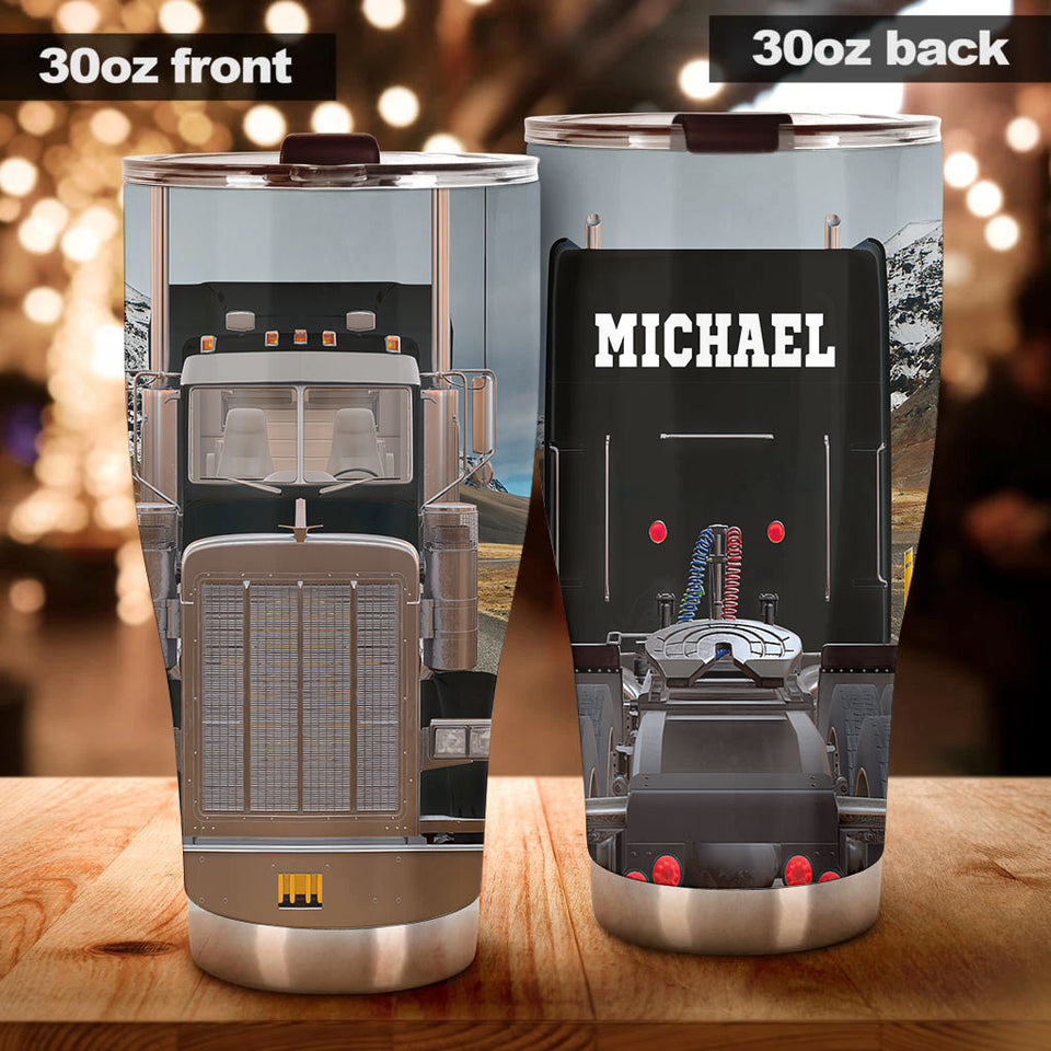 Camellia Personalized Black Truck Stainless Steel Tumbler - Double-Walled Insulation Vacumm Flask - Gift For Truck Drivers