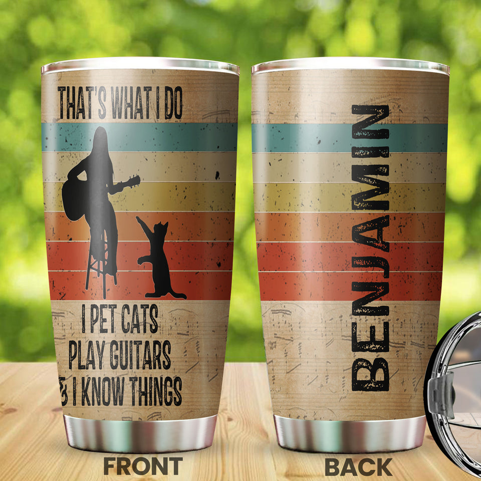 Camellia Personalized 3D Vintage Woman Pets Cats Play Guitar And Know Things Stainless Steel Tumbler - Customized Double-Walled Insulation Thermal Cup With Lid Gift For Guitarist