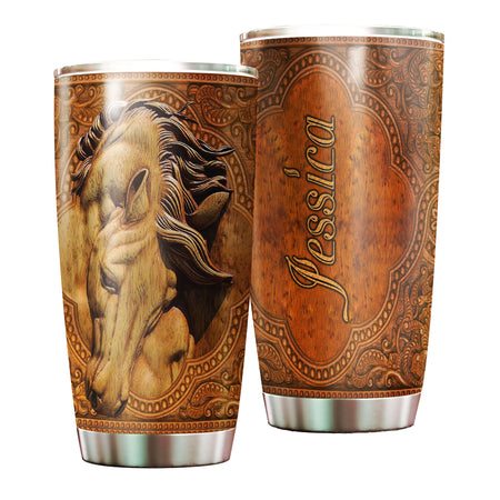 Camellia Personalized Wood Horse Stainless Steel Tumbler - Double-Walled Insulation Vacumm Flask - Gift For Horse Lovers, Cowgirls, Cowboys, Perfect Christmas, Thanksgiving Gift