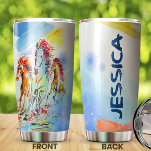 Camellia Personalized Horse Painting Art Stainless Steel Tumbler - Double-Walled Insulation Vacumm Flask - Gift For Horse Lovers, Cowgirls, Cowboys, Perfect Christmas, Thanksgiving Gift