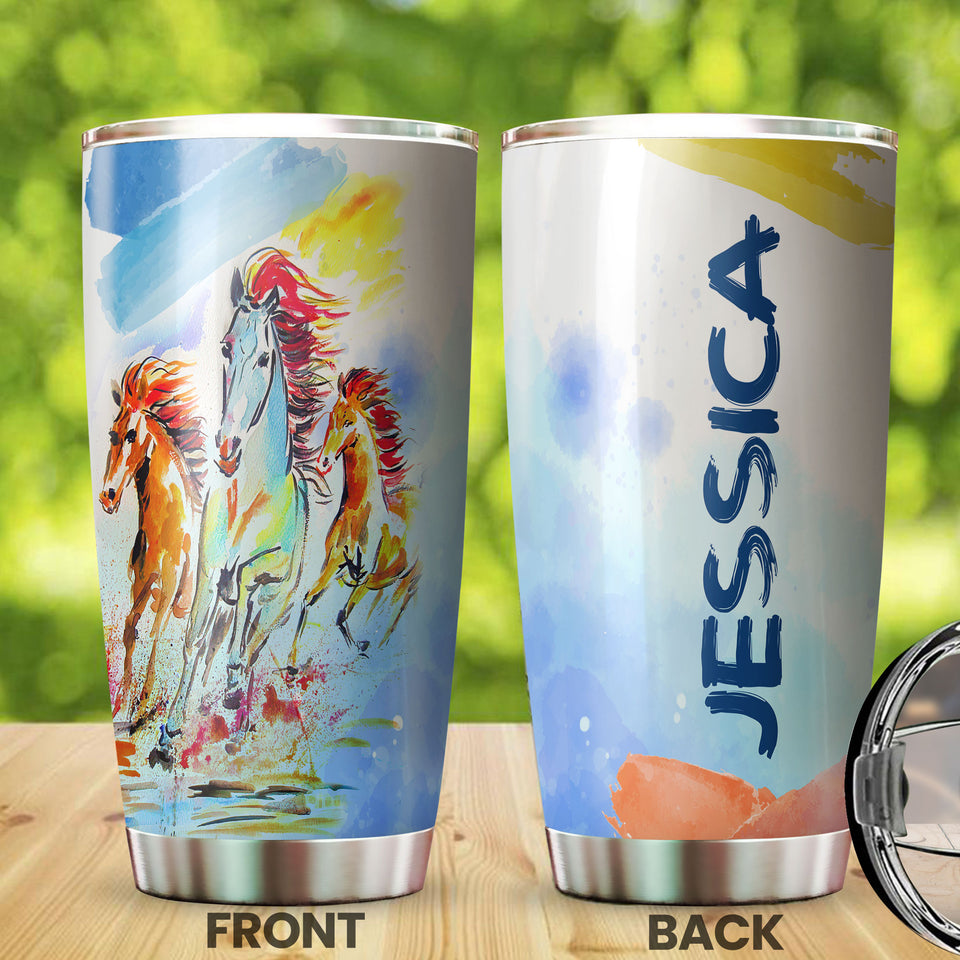 Camellia Personalized Horse Painting Art Stainless Steel Tumbler - Double-Walled Insulation Vacumm Flask - Gift For Horse Lovers, Cowgirls, Cowboys, Perfect Christmas, Thanksgiving Gift