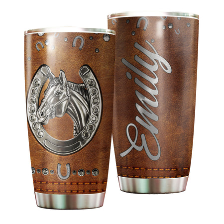 Camellia Personalized Horse Jewelry Leather Style Stainless Steel Tumbler - Double-Walled Insulation Vacumm Flask - Gift For Horse Lovers, Cowgirls, Cowboys, Perfect Christmas, Thanksgiving Gift