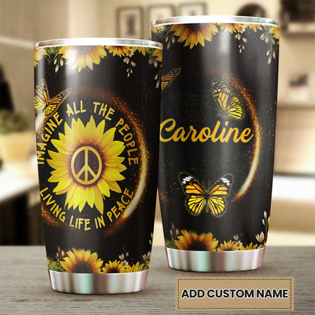 Camellia Personalized Hippie Sunflowers Imagine All The People Living Life In Peace Stainless Steel Tumbler-Double-Walled Insulation Travel Cup With Lid