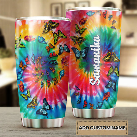 Camellia Personalized Butterfly Tie Dye Hippie Stainless Steel Tumbler - Double-Walled Insulation Vacumm Flask - For Thanksgiving, Memorial Day, Christians, Christmas Gift