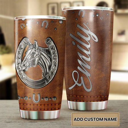 Camellia Personalized Horse Jewelry Leather Style Stainless Steel Tumbler - Double-Walled Insulation Vacumm Flask - Gift For Horse Lovers, Cowgirls, Cowboys, Perfect Christmas, Thanksgiving Gift