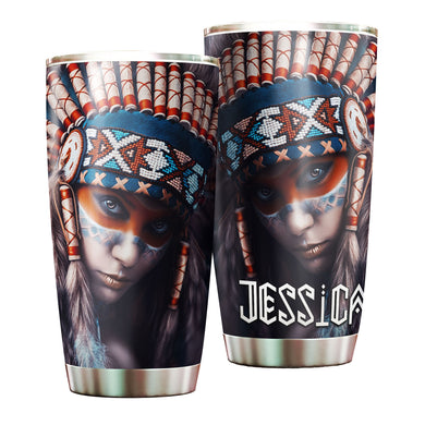 Camellia Personalized Native American Girl Stainless Steel Tumbler-Double-Walled Insulation Cup With Lid Gift For Native American Girl