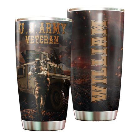 Camellia Personalized 3D American Army Veteran Stainless Steel Tumbler - Customized Double-Walled Insulation Thermal Cup With Lid