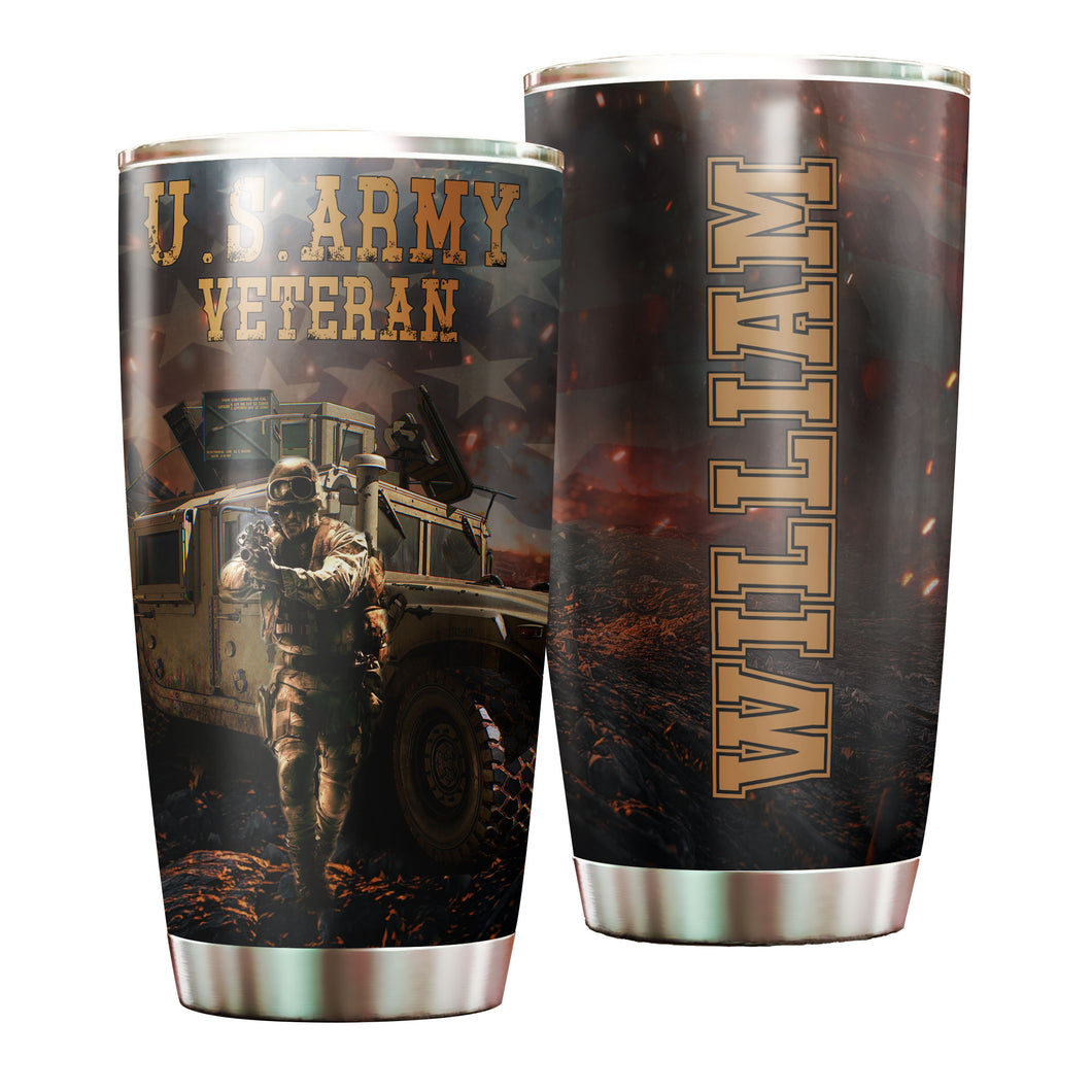 Camellia Personalized 3D American Army Veteran Stainless Steel Tumbler - Customized Double-Walled Insulation Thermal Cup With Lid