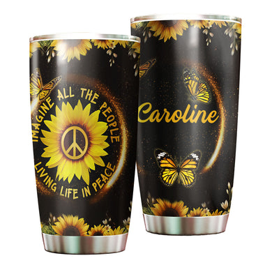 Camellia Personalized Hippie Sunflowers Imagine All The People Living Life In Peace Stainless Steel Tumbler-Double-Walled Insulation Travel Cup With Lid
