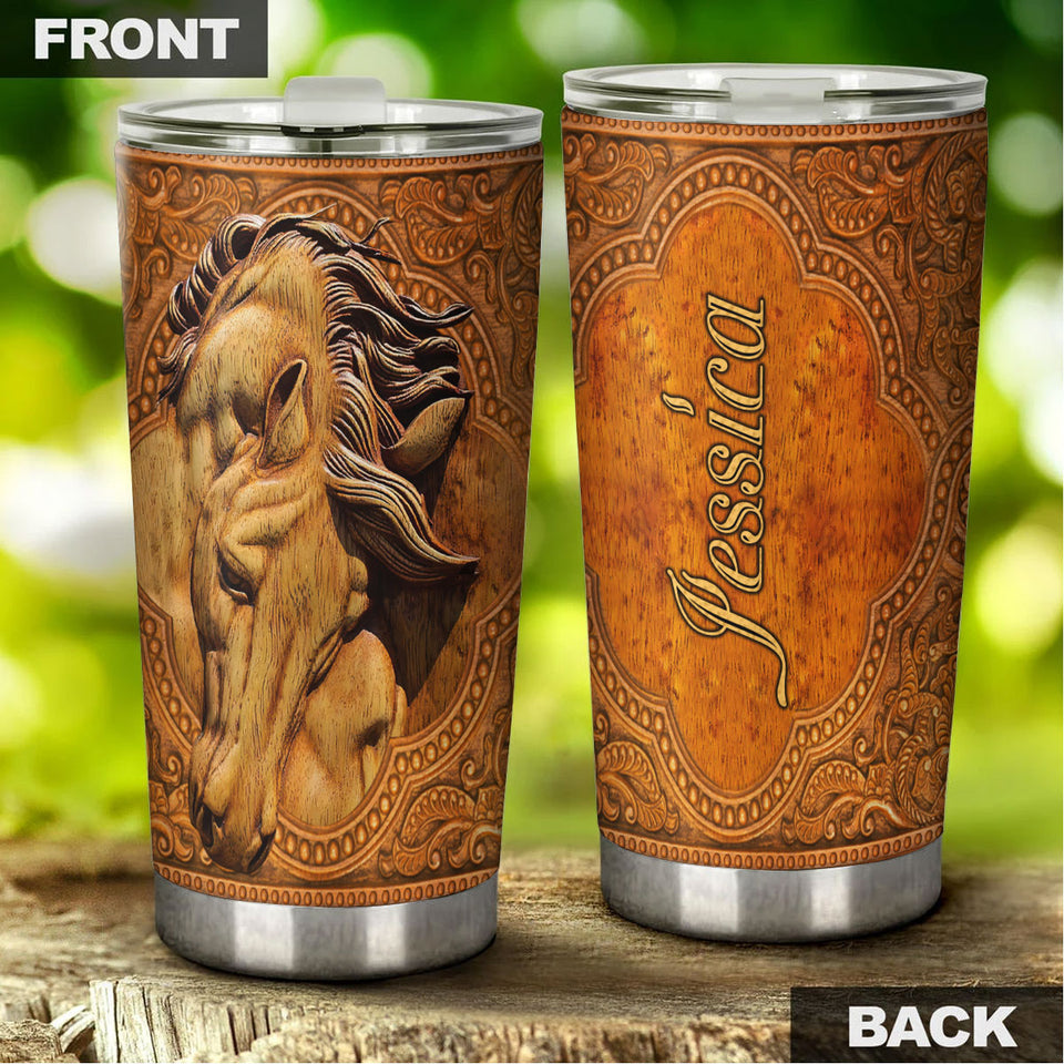 Camellia Personalized Wood Horse Stainless Steel Tumbler - Double-Walled Insulation Vacumm Flask - Gift For Horse Lovers, Cowgirls, Cowboys, Perfect Christmas, Thanksgiving Gift