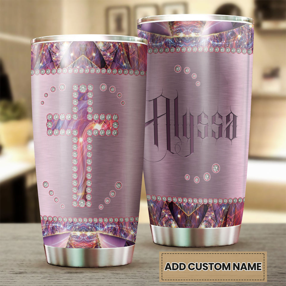 Camellia Personalized God Crystal Cross Stainless Steel Tumbler - Customized Double-Walled Insulation Travel Thermal Cup With Lid Gift For Christian