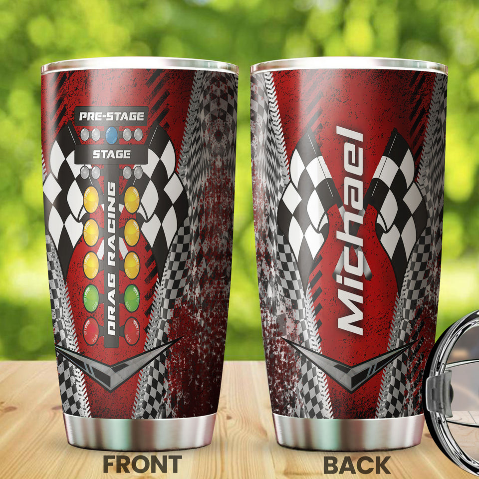 Camellia Personalized Drag Racing Stainless Steel Tumbler - Customized Double-Walled Insulation Travel Thermal Cup With Lid Gift For Racer