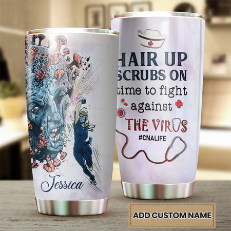 Camellia Personalized Doctor Hair Up Scrups On Time To Fight Against The Virus Stainless Steel Tumbler - Customized Double-Walled Insulation Travel Thermal Cup With Lid