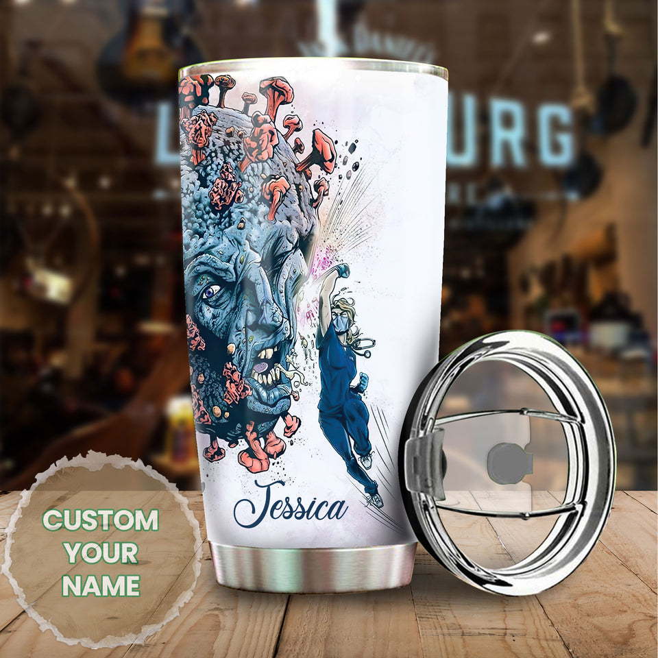 Camellia Personalized Doctor Hair Up Scrups On Time To Fight Against The Virus Stainless Steel Tumbler - Customized Double-Walled Insulation Travel Thermal Cup With Lid